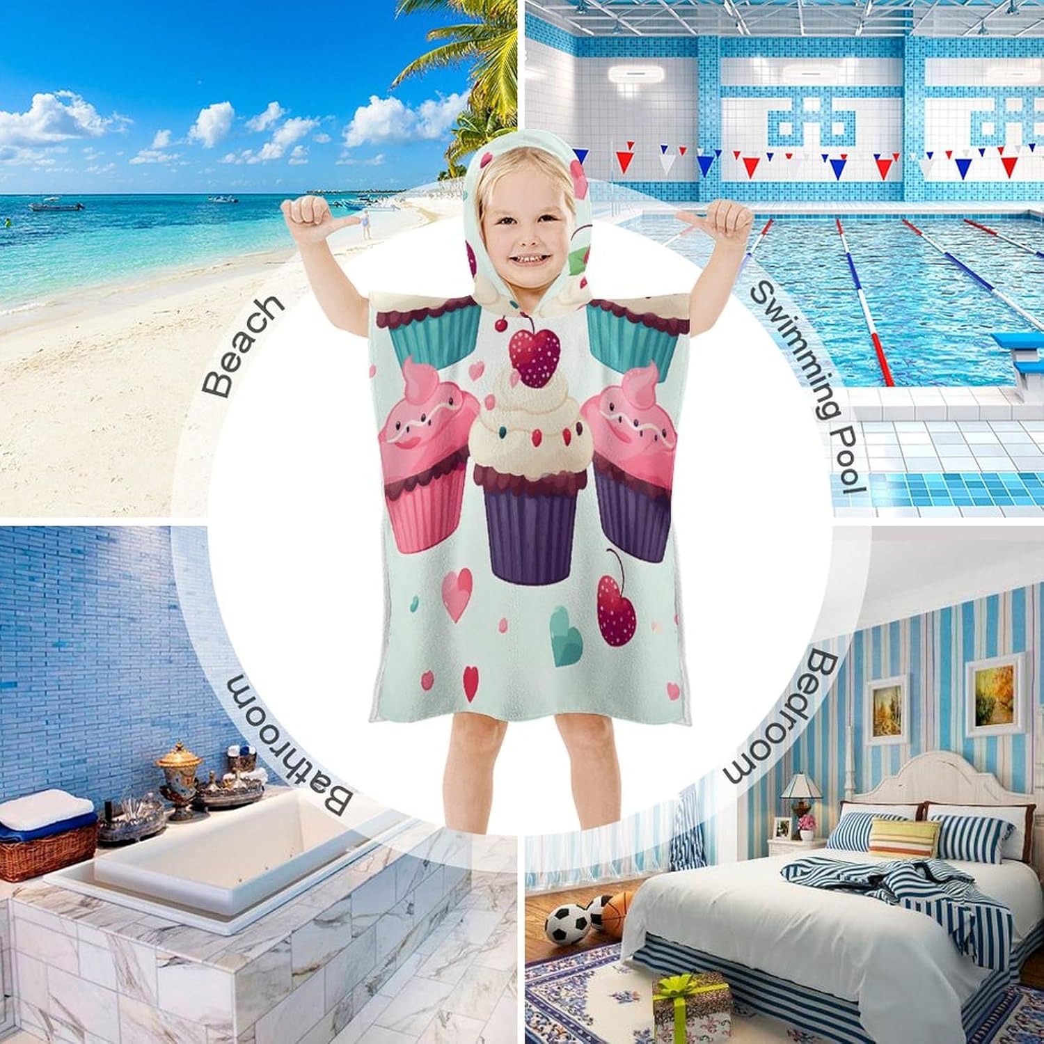 Kids Hooded Beach Towel with Cupcake Candy Hearts Print