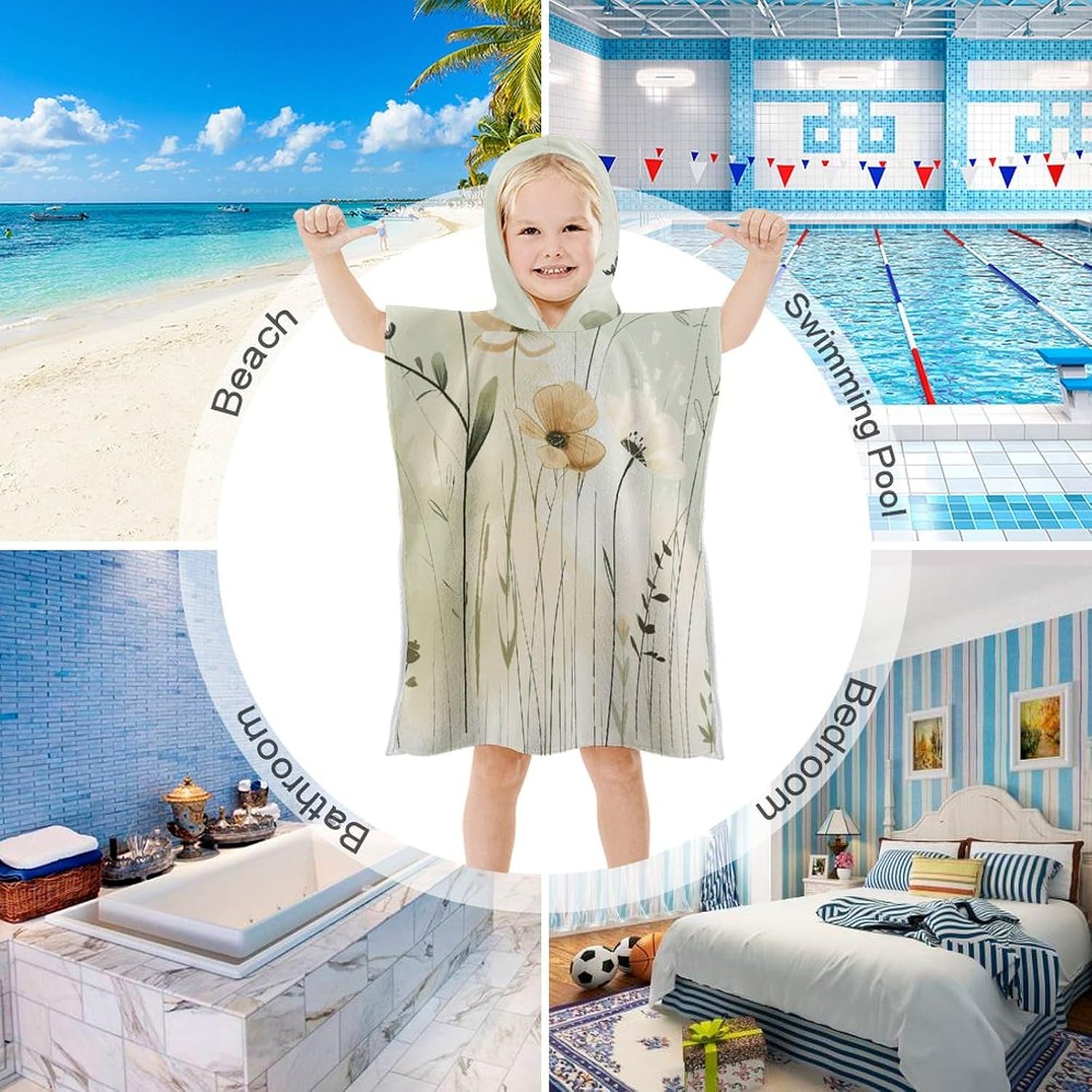 Kids Hooded Beach Towel with Delicate Flower Print