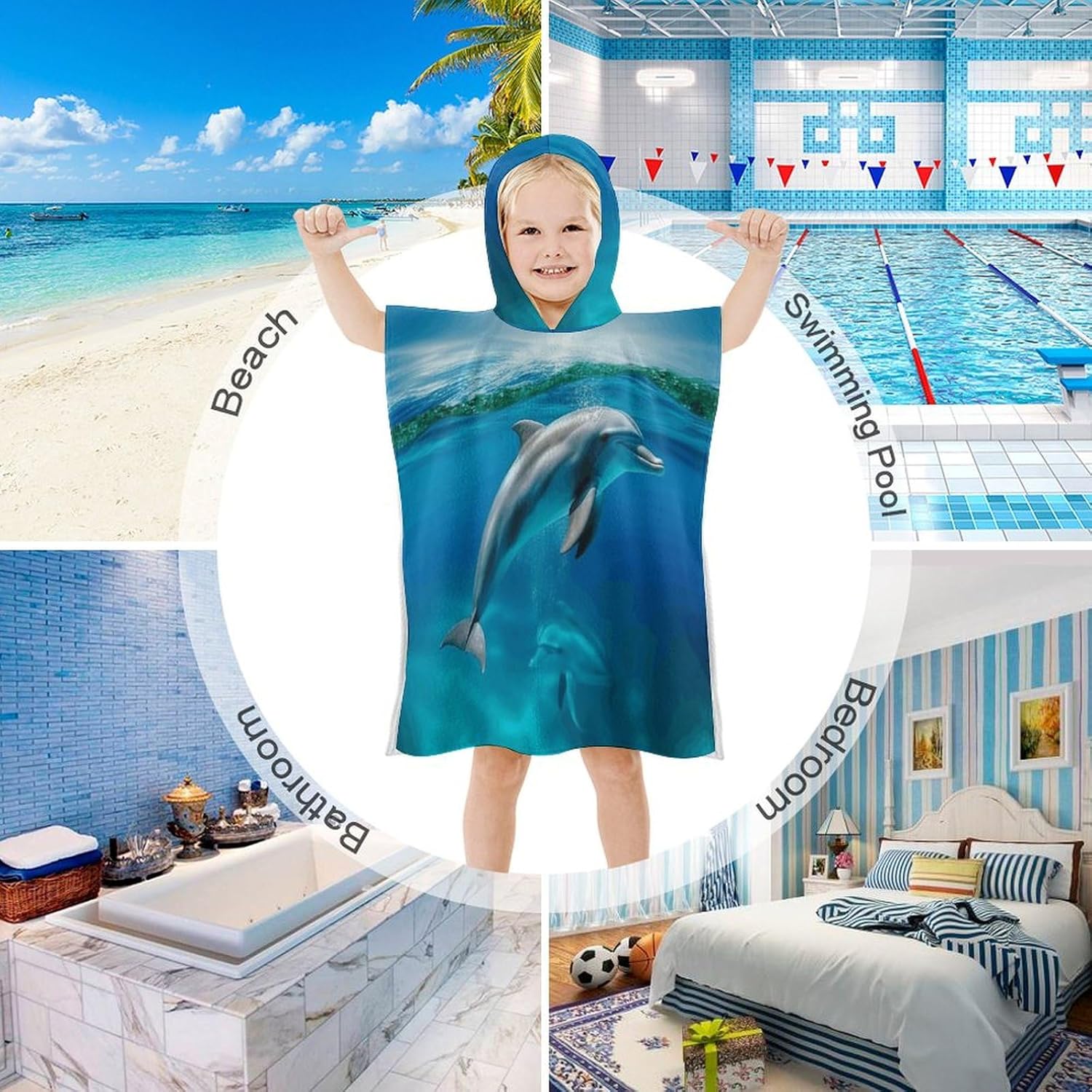Kids Bath Towel with Swimming Dolphin Print
