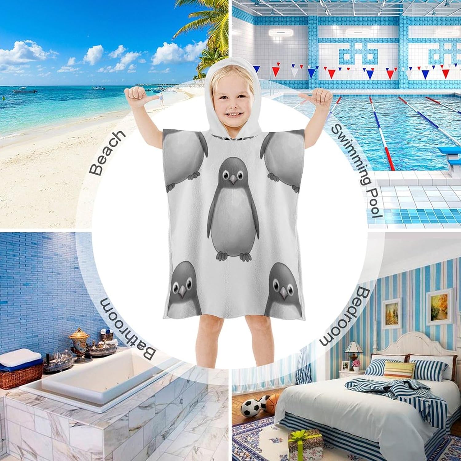 Kids Grey Penguin Print Hooded Bath Towel