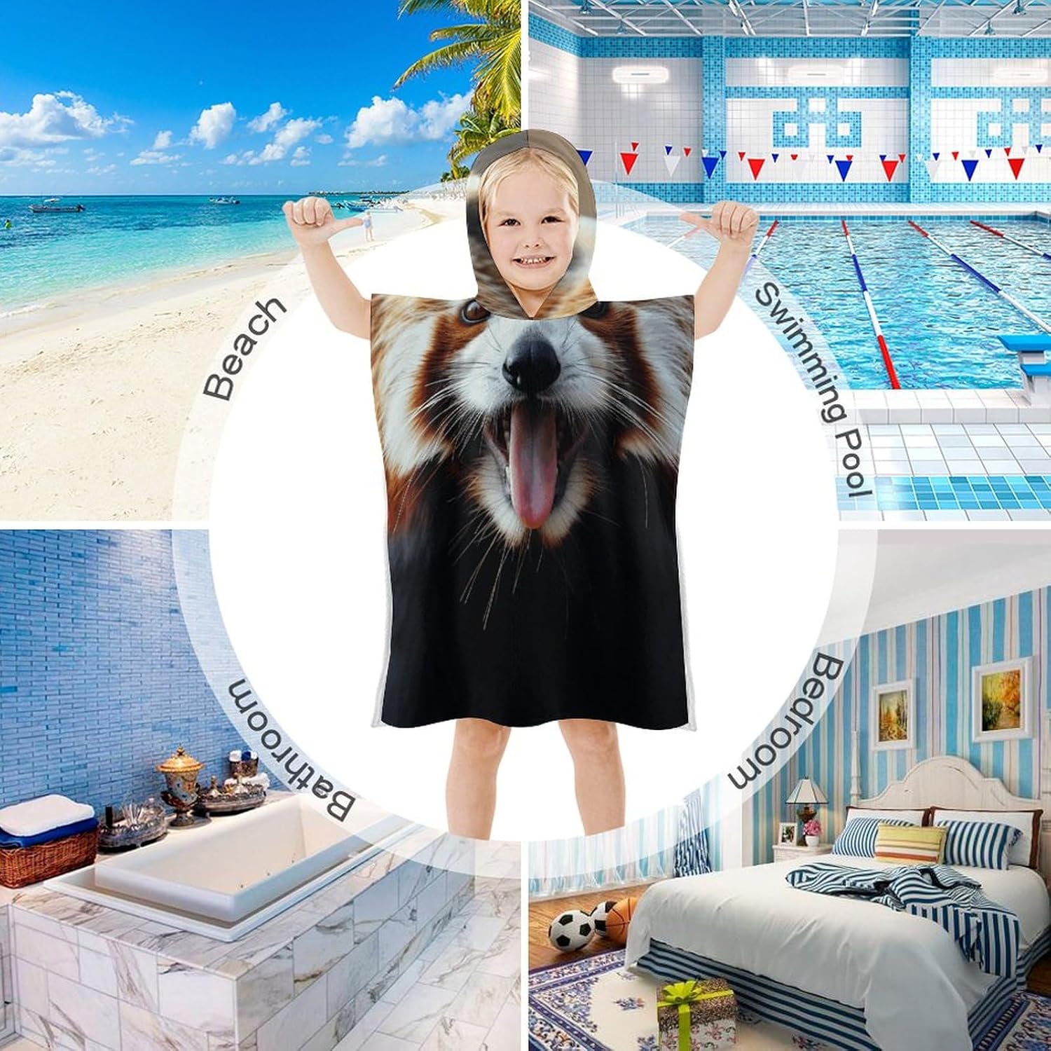Kids Hooded Bath Towel with Sticking Out Tongue Print