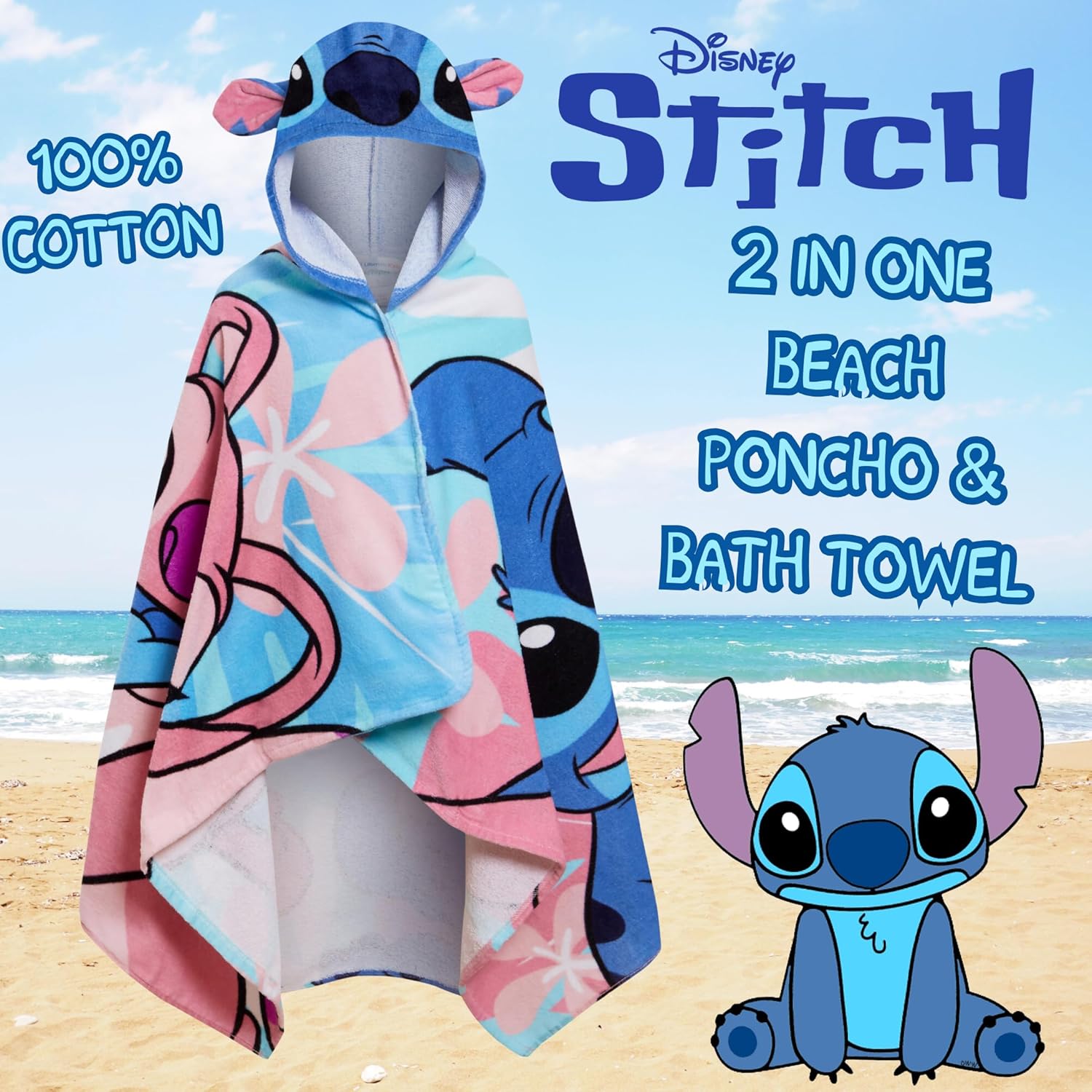 Disney Stitch Hooded Towel Poncho for Kids