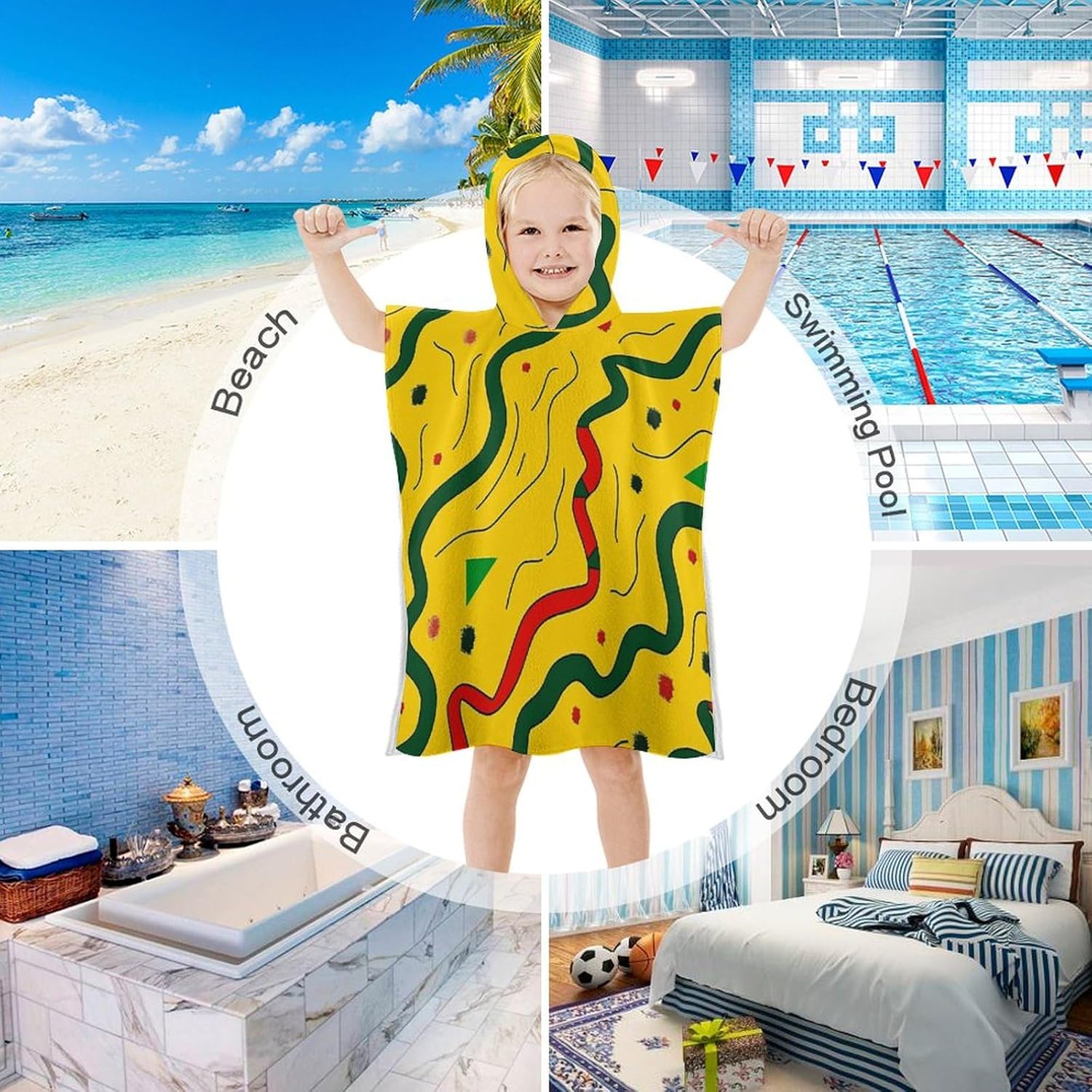 Kids Hooded Bath Towel with Wavy Lines