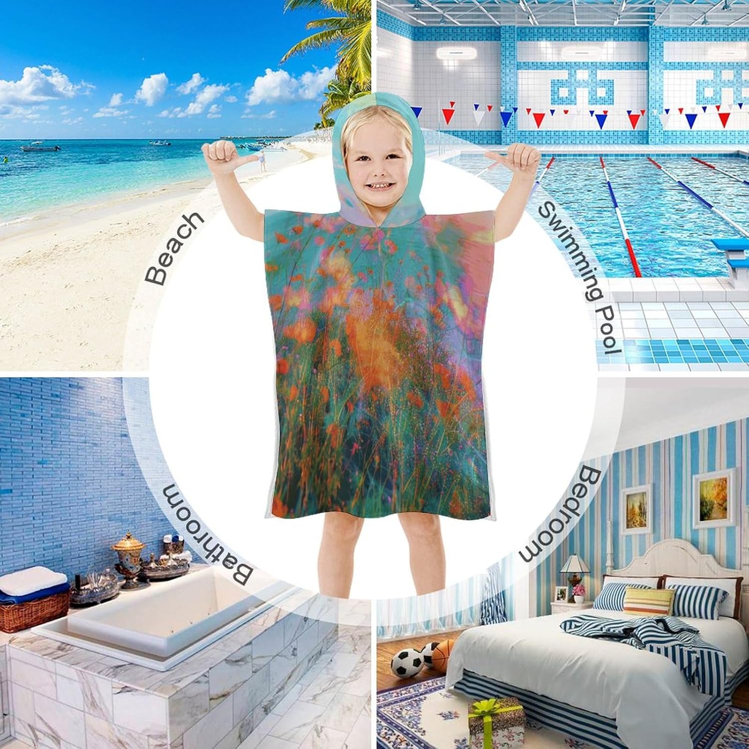 Kids Hooded Towel with Blurry Flowers Print