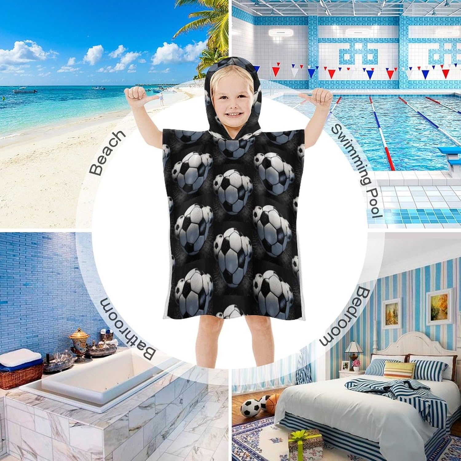 Kids Soccer Ball Printed Hooded Bath Towel