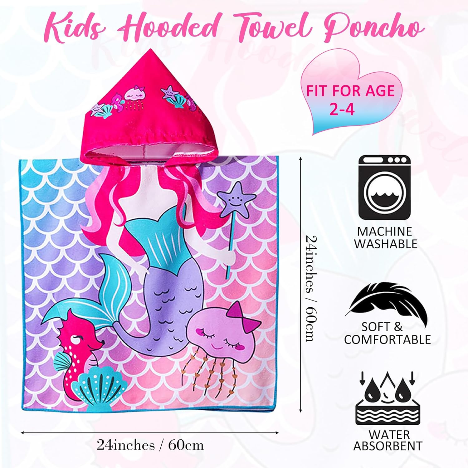 Mermaid Hooded Bath Towel for Toddler Girls 2-4 Years