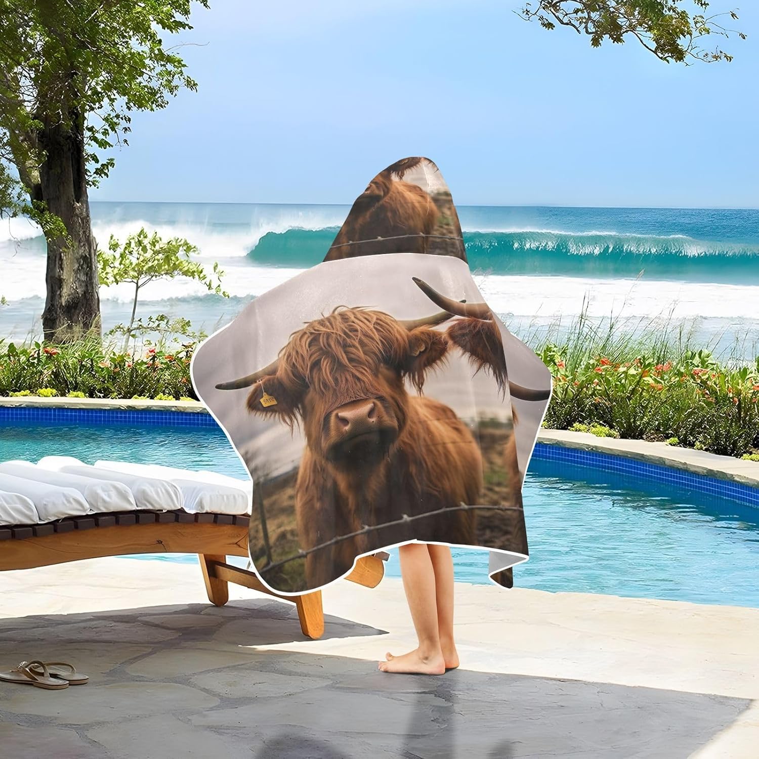 Kids Bath Towel Wrap - Scottish Cow Hooded Towel - Super Soft and Quick Dry