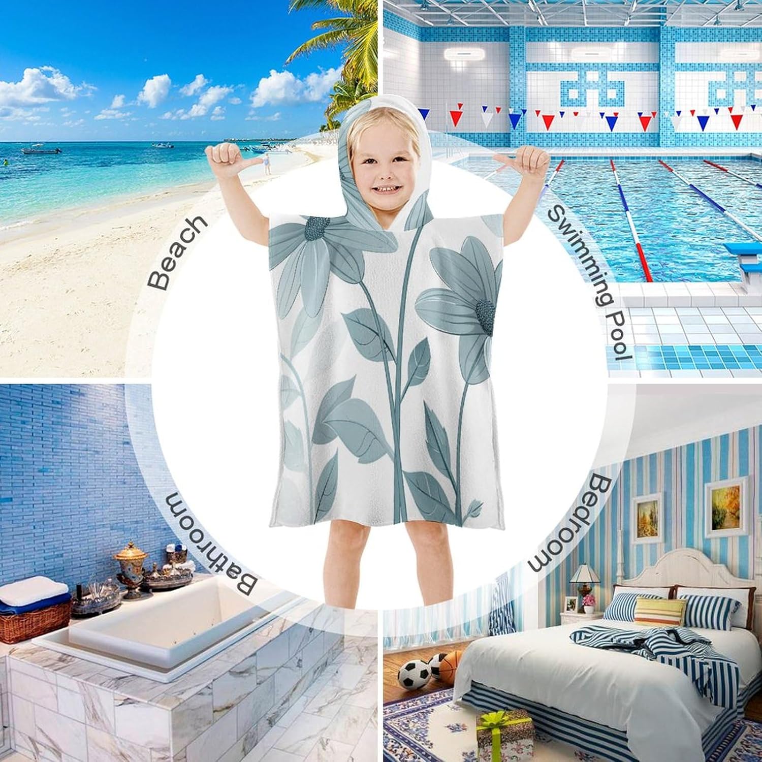 Kids Hooded Bath Towel with Blue Daisies