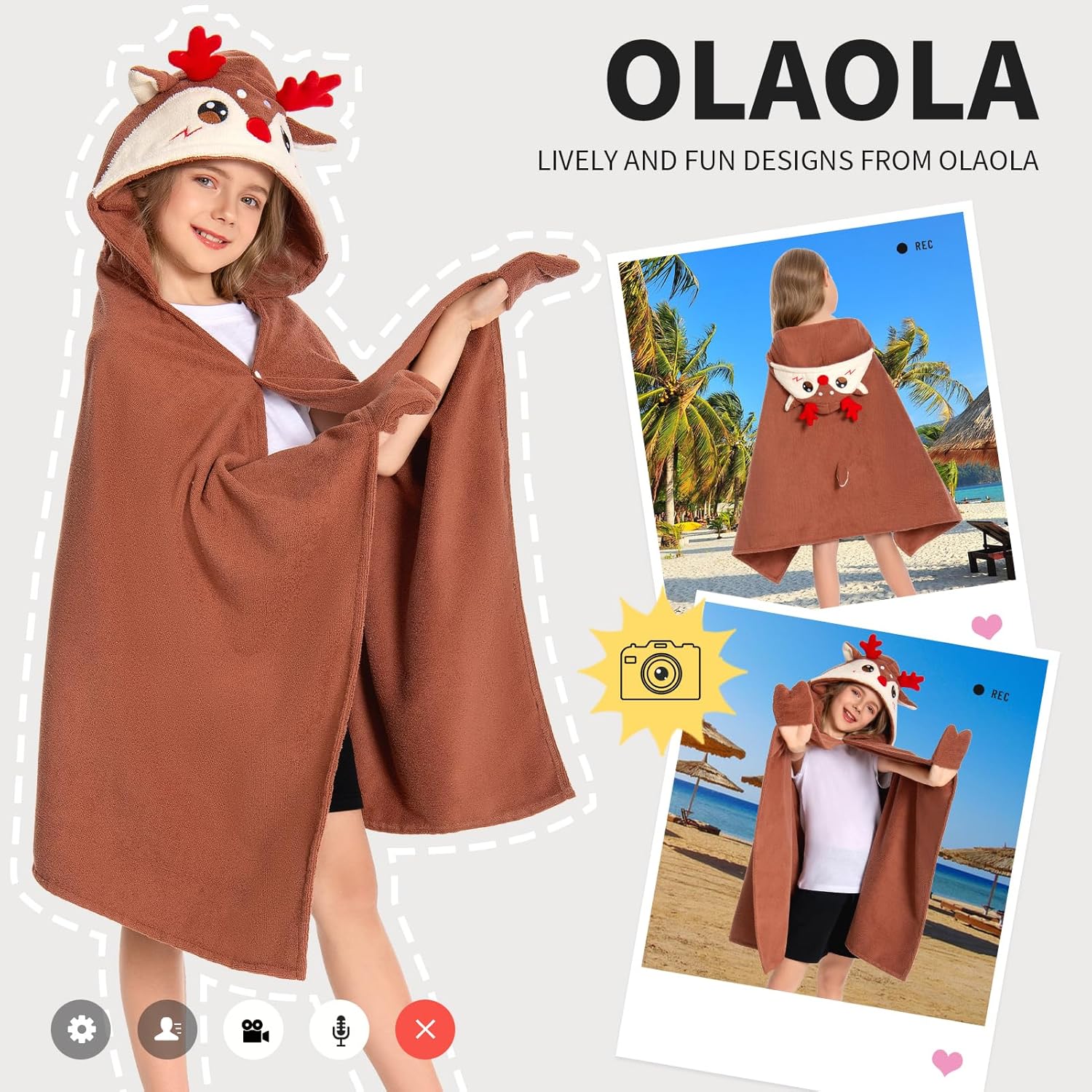 OLAOLA Reindeer Hooded Towel for Kids 3-12 Years