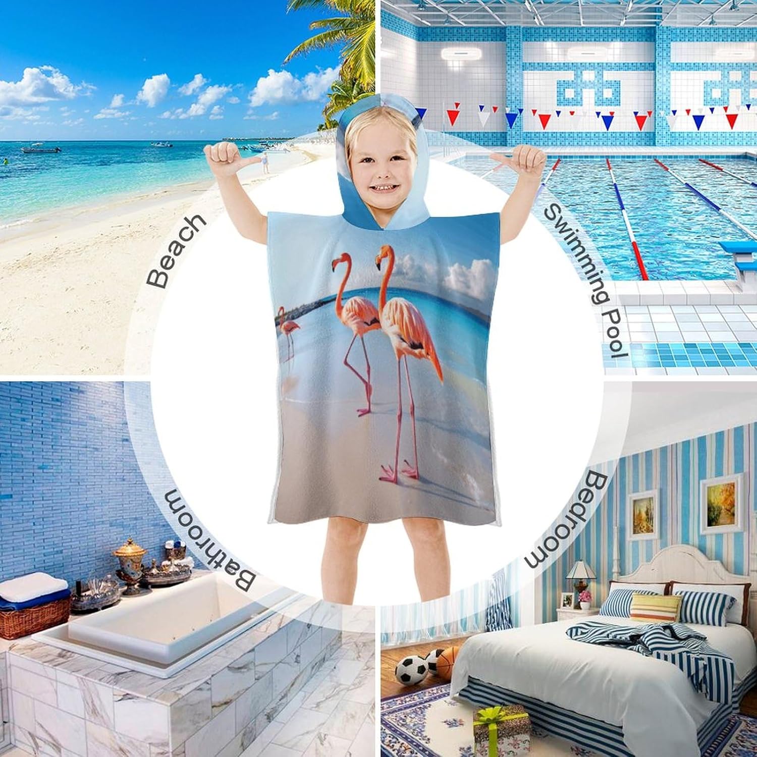 Kids Bath Towel with Flamingo Print Hood