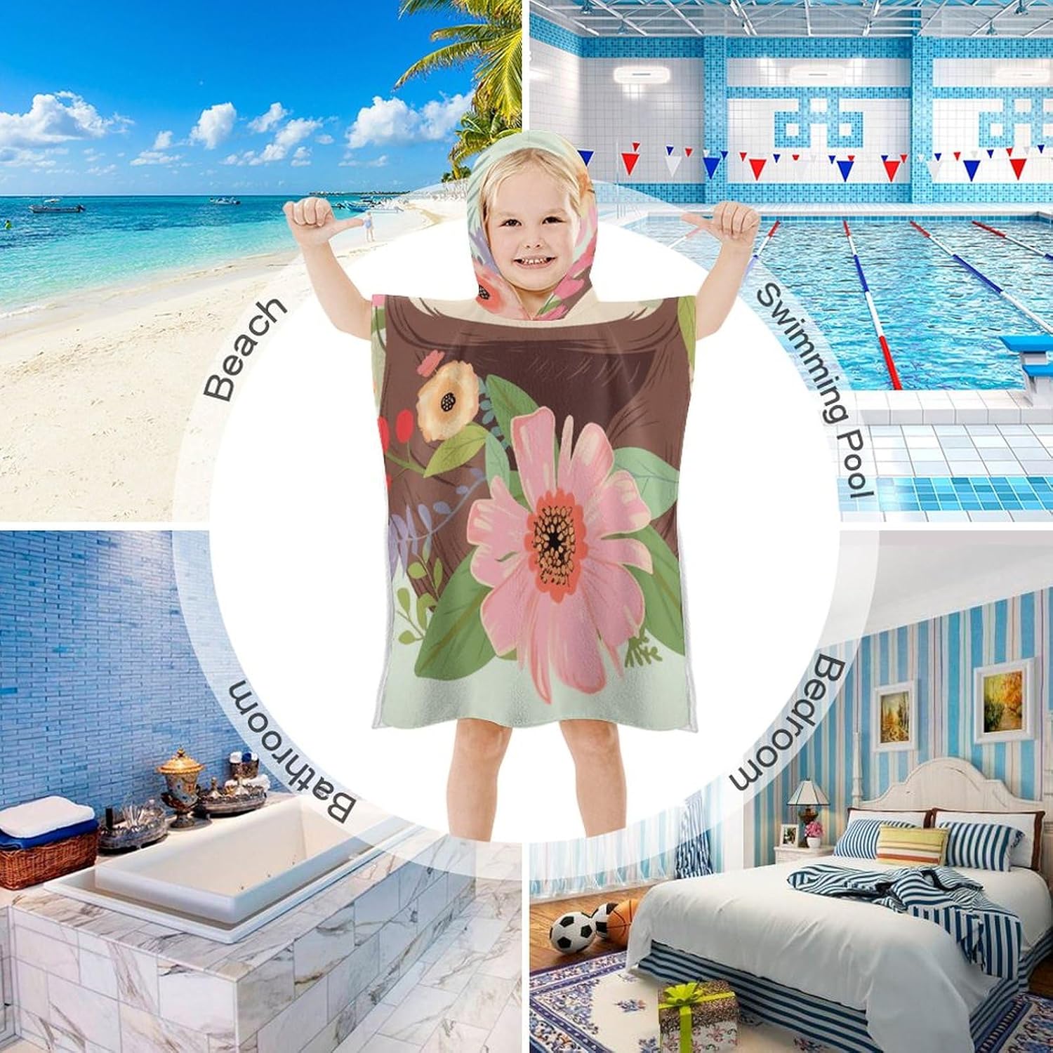 Kids Bath Towel with Sloth and Flowers Print