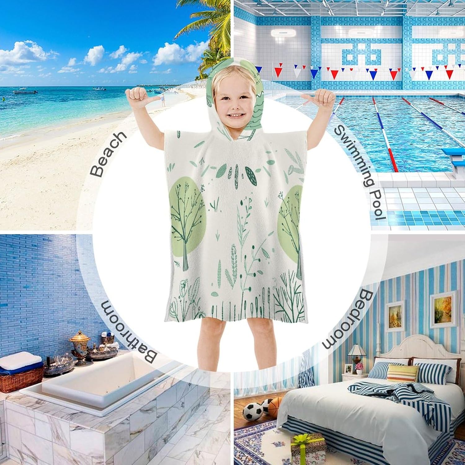 Kids Hooded Bath Towel with Leaves Print