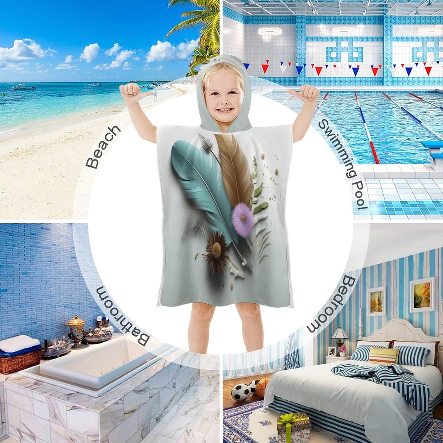 Kids Hooded Towel with Feather Flower Print