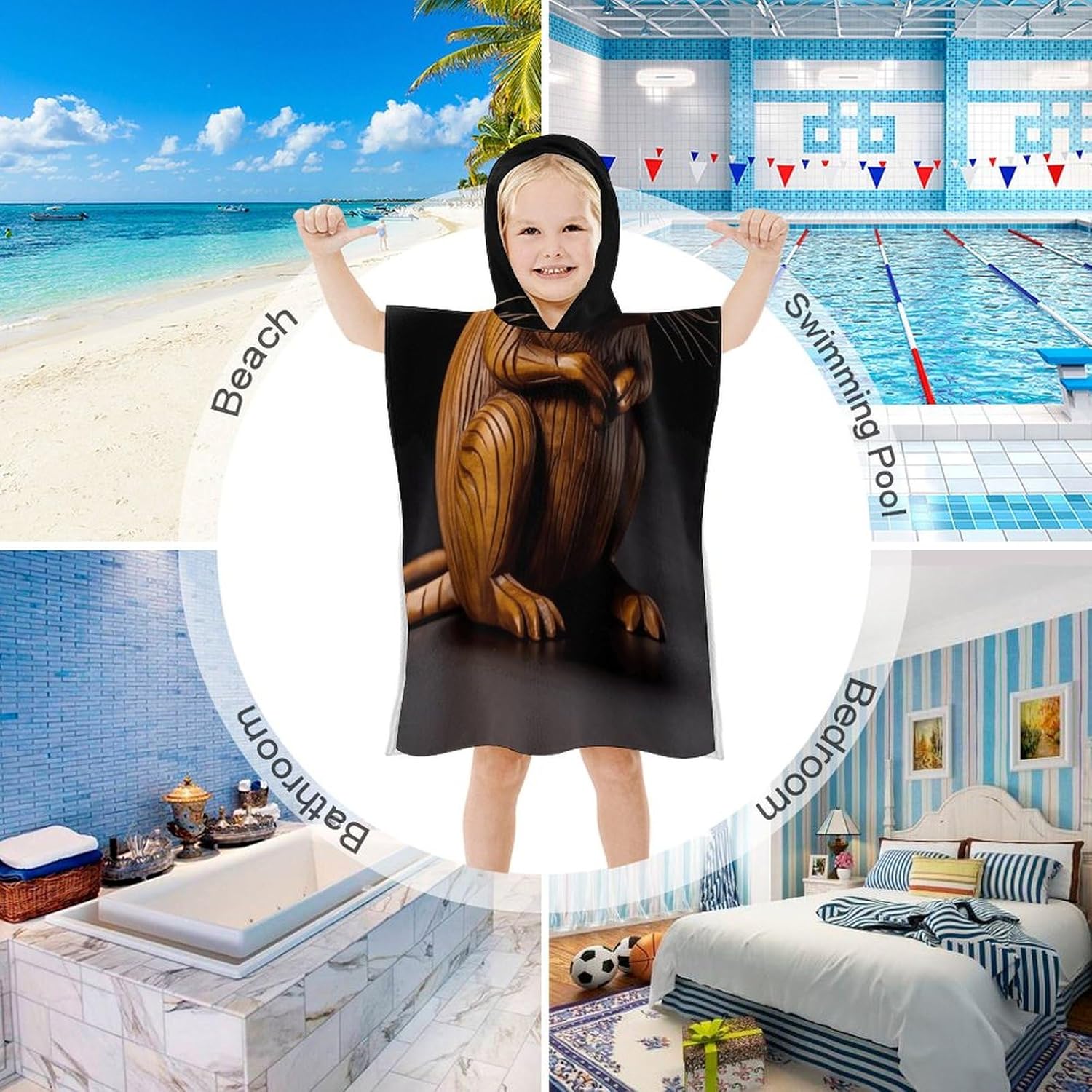 Wood Carving Mouse Kids Hooded Bath Towel