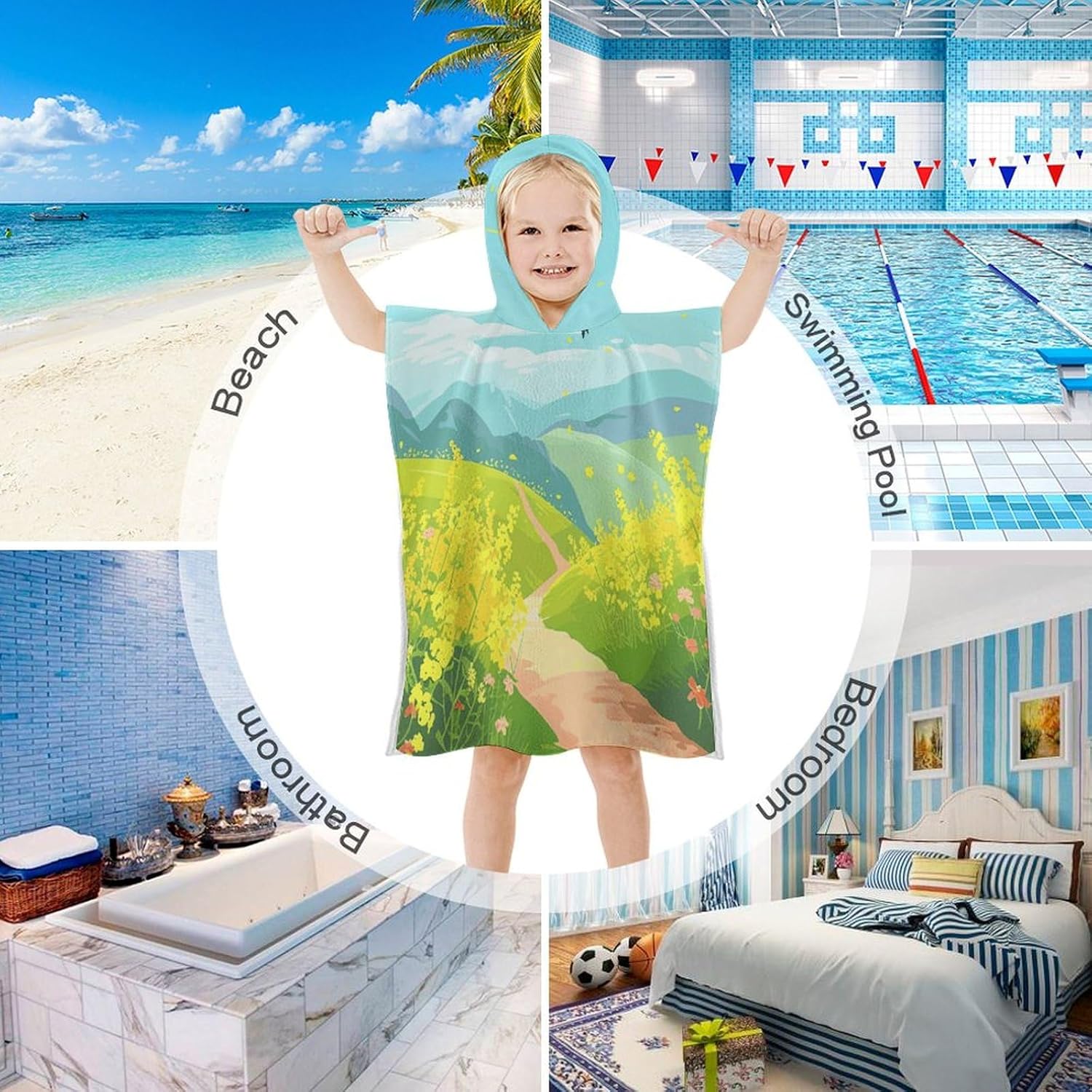 Kids Hooded Beach Towel with Flowers and Swallows Print