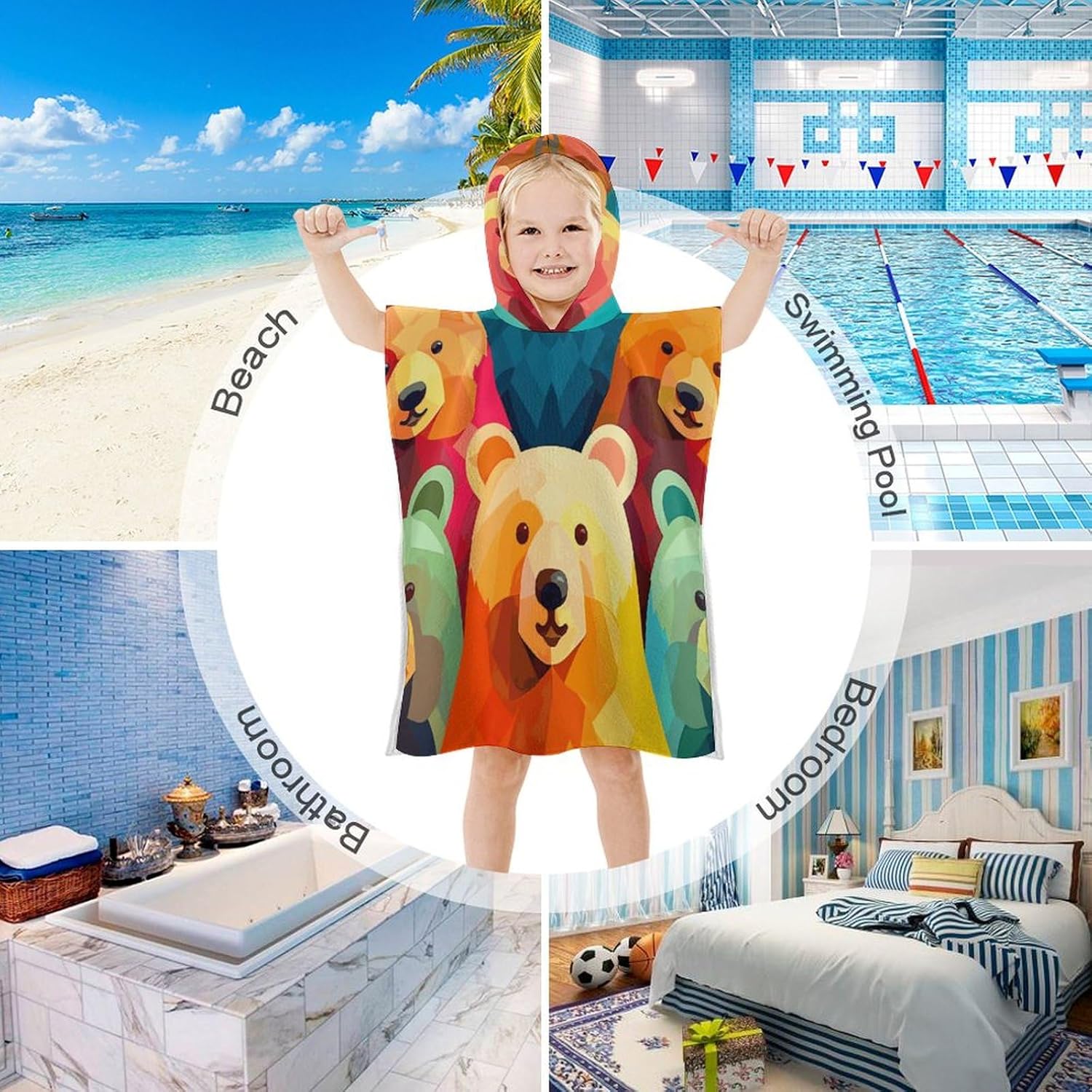 Colorful Bear Hooded Bath Towel for Kids