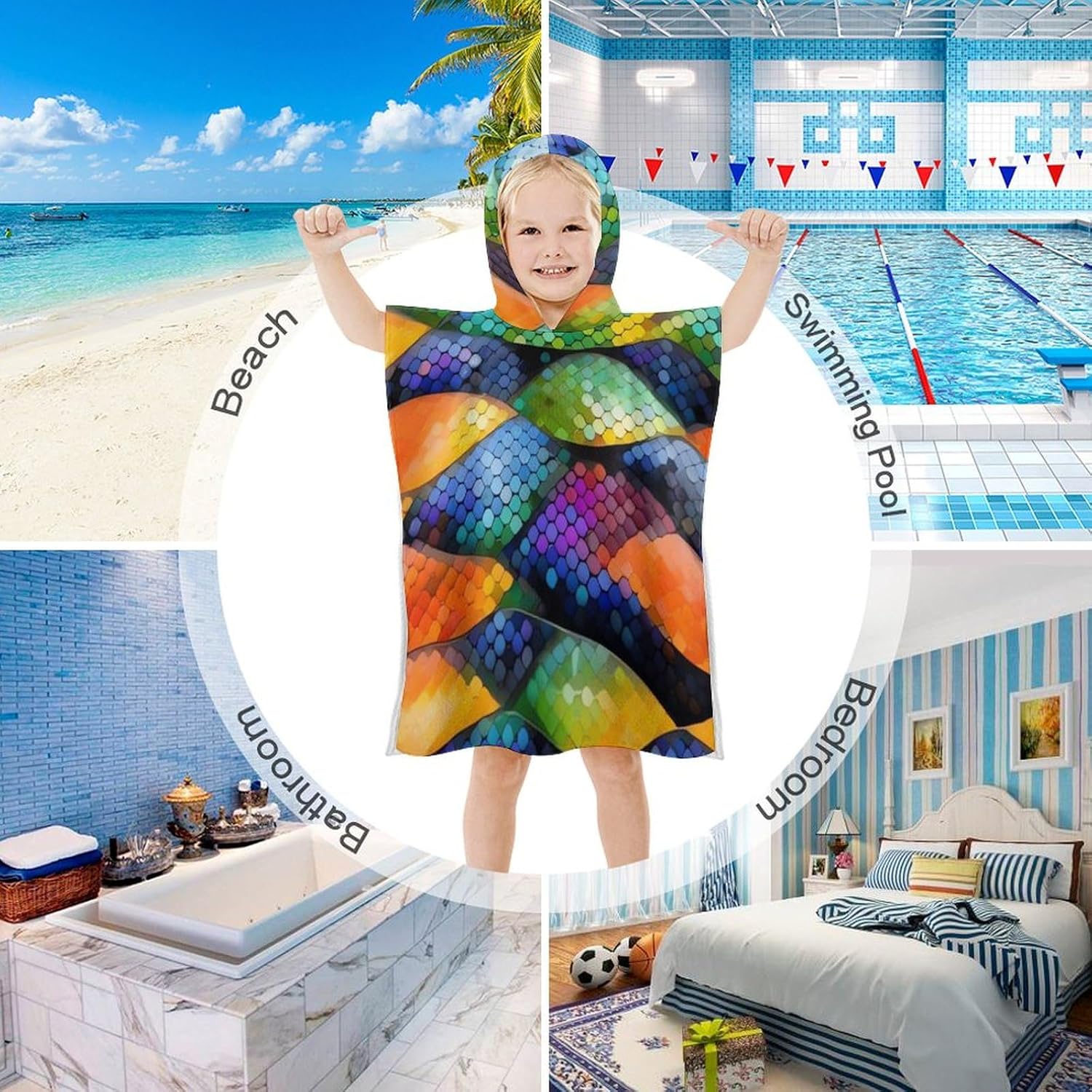 Kids Bath Towel with Hood Rainbow Fish Design