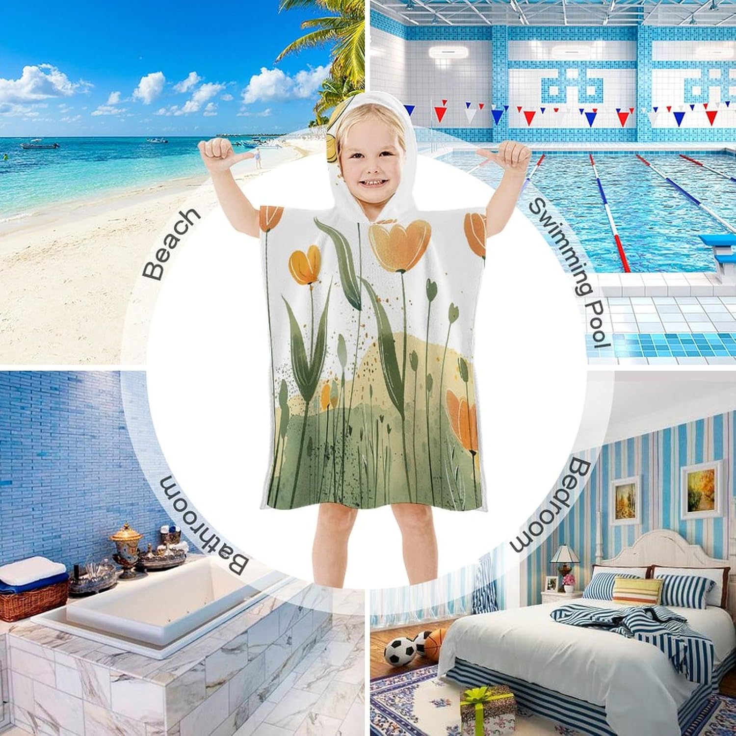 Kids Hooded Beach Towel with Tulips Design