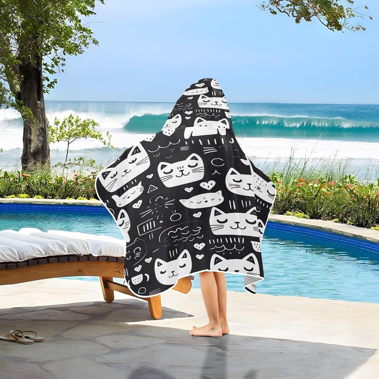 Cute Cartoon Cats Hooded Kids Bath Towel