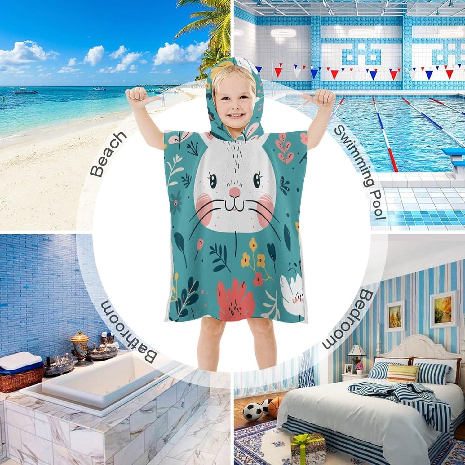 Kids Hooded Bath Towel with Cartoon Rabbit Design