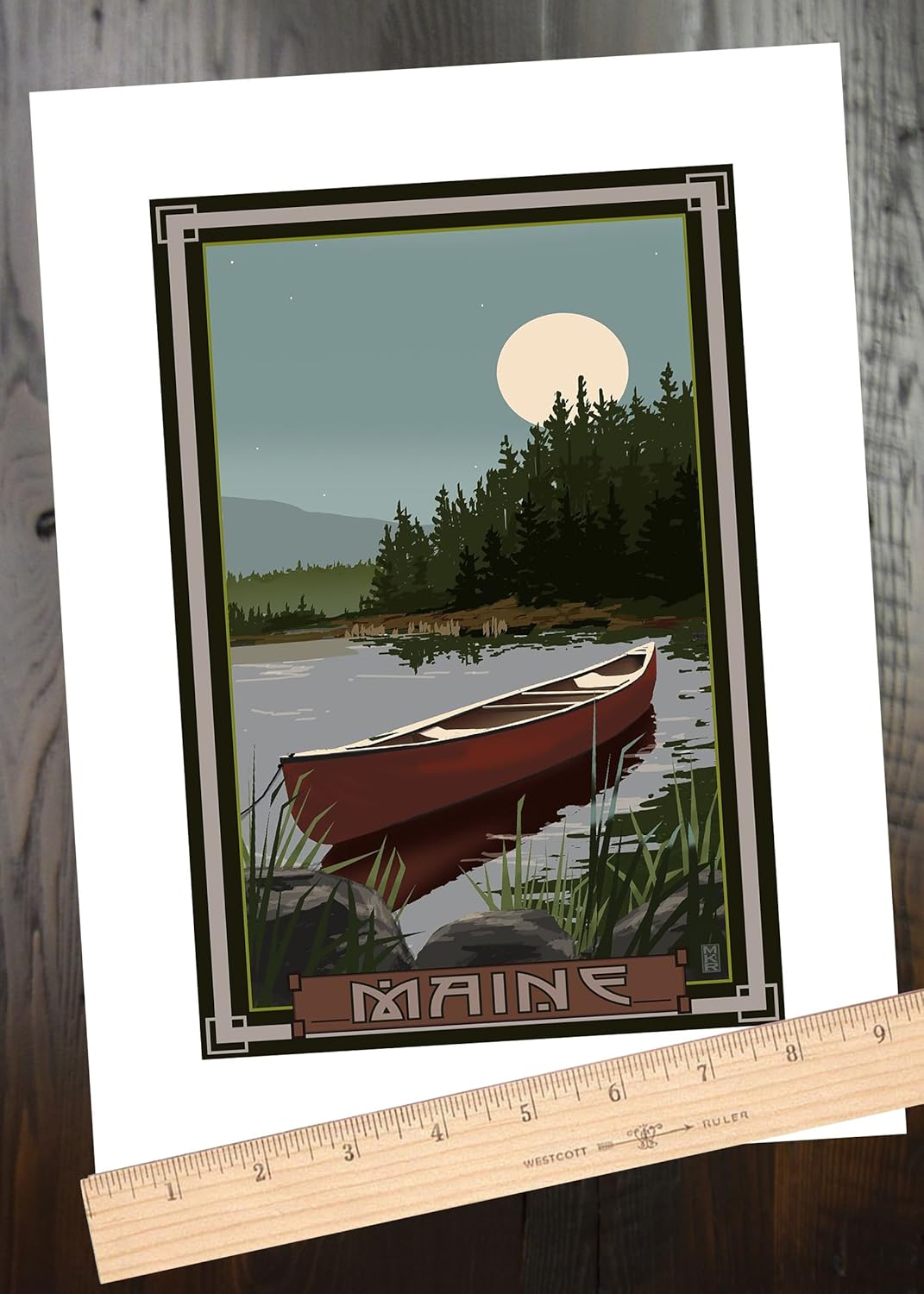 Maine Canoe in Moonlight Travel Art Poster by Mike Rangner 9x12