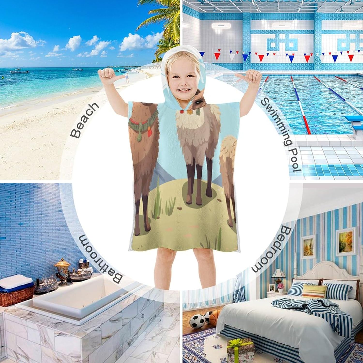 Kids Hooded Towel with Llama and Alpaca Print