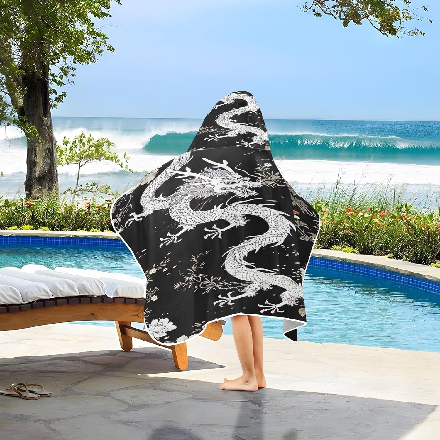 Blueangle Kids Bath Towel Wrap - Black Dragons Hooded Towel