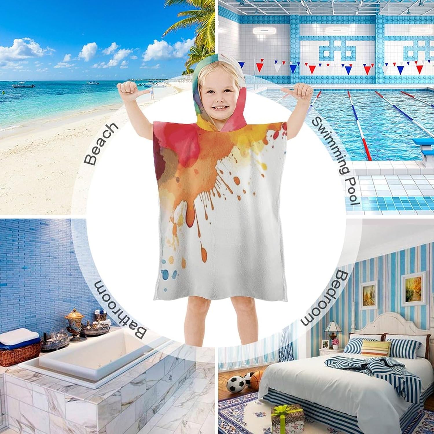 Kids Hooded Bath Towel with Watercolor Design
