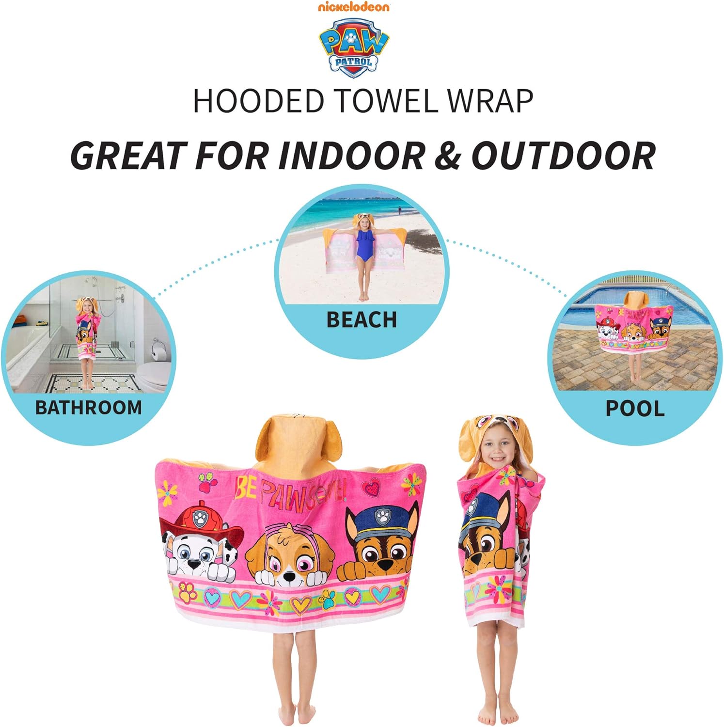 Franco Paw Patrol Pink Hooded Bath Towel Wrap for Kids