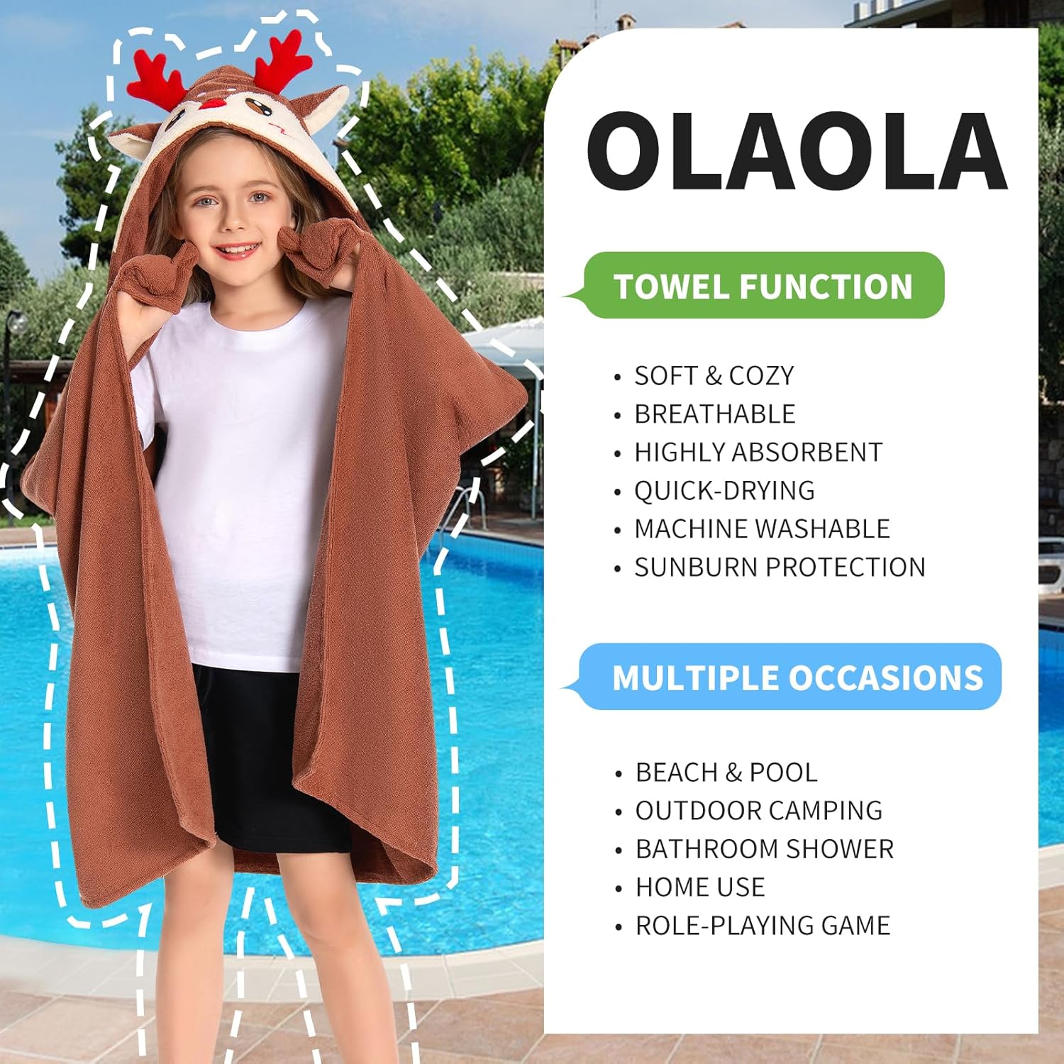 OLAOLA Reindeer Hooded Towel for Kids 3-12 Years
