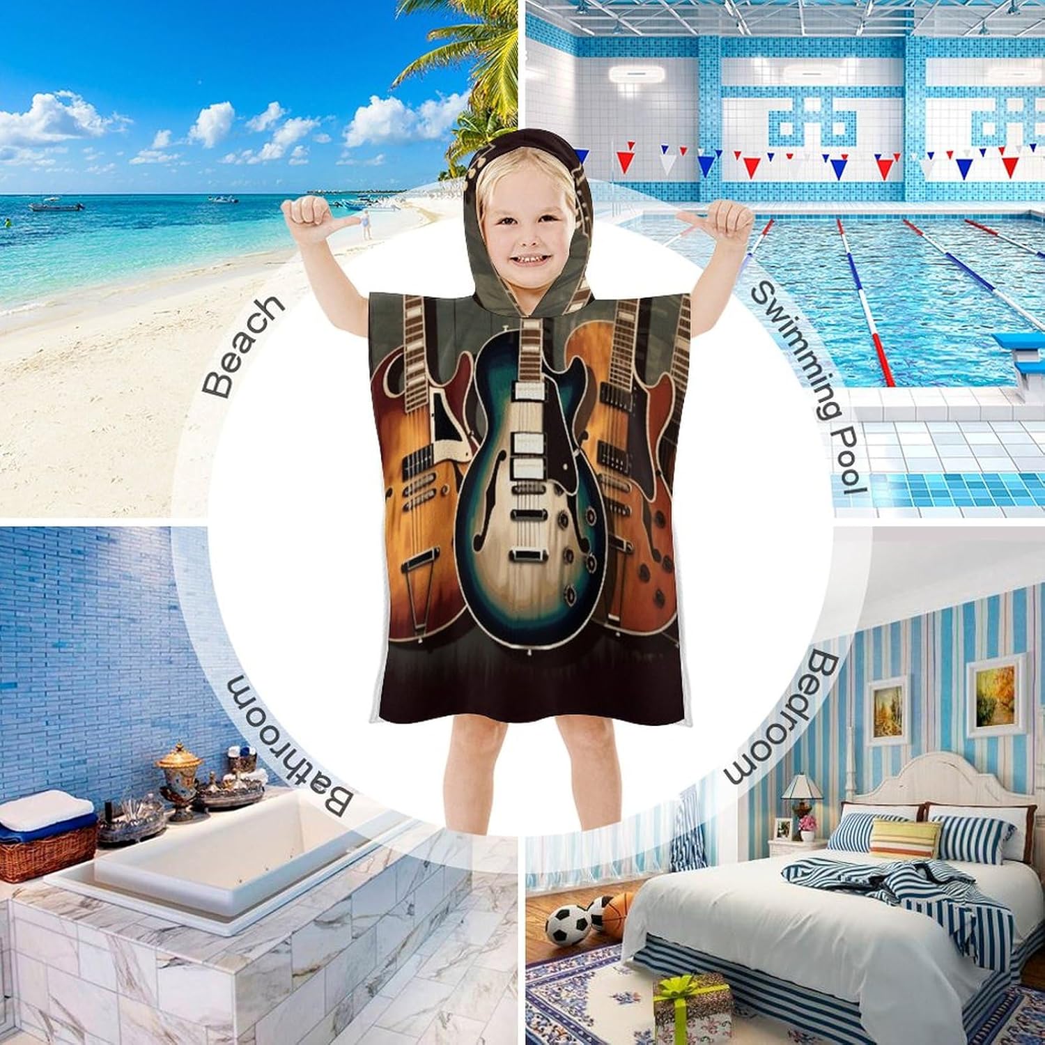 Kids Bath Towel with Guitar Print Hoodie