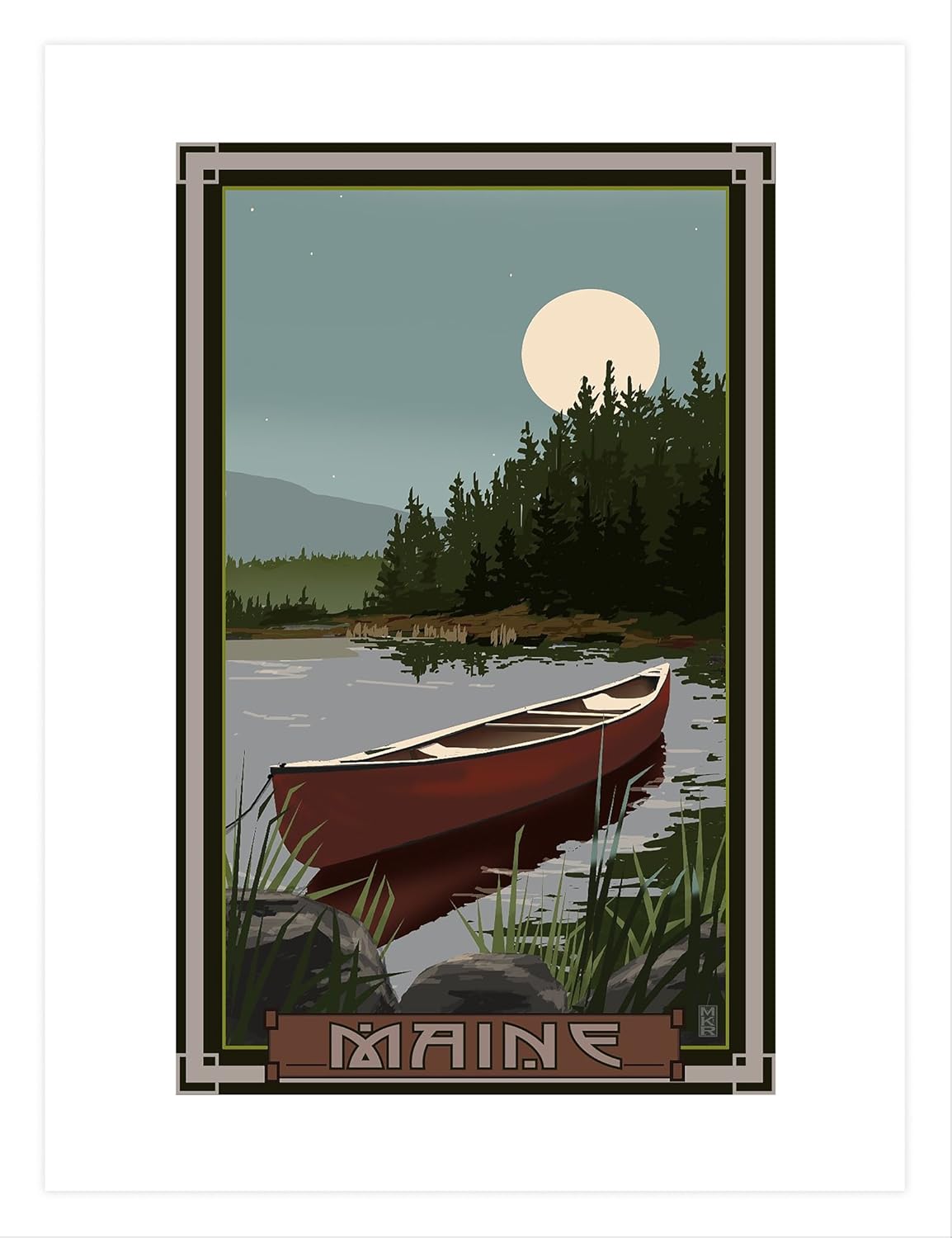 Maine Canoe in Moonlight Travel Art Poster by Mike Rangner 9x12