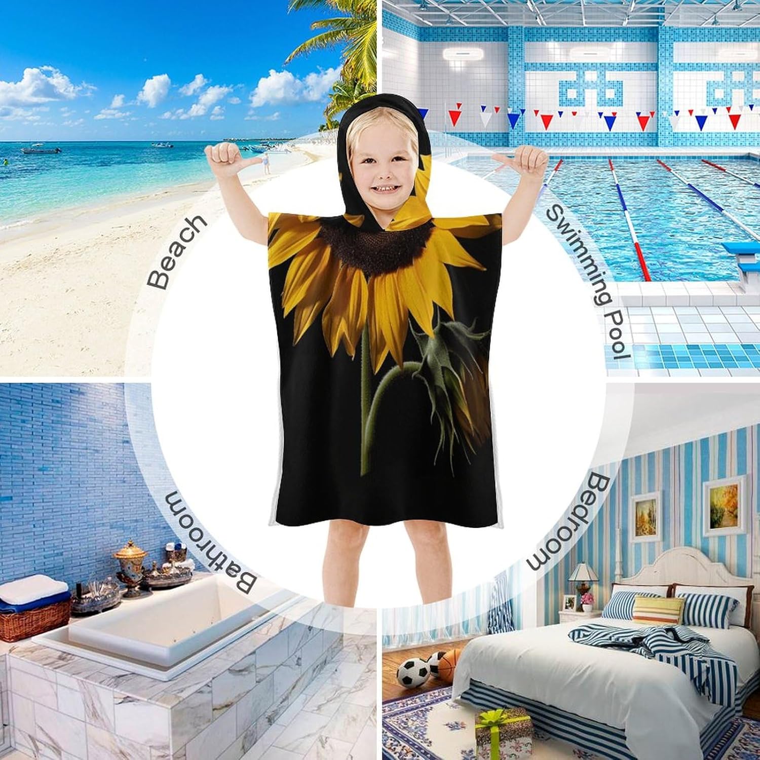 Kids Hooded Bath Towel with Sunflower Design
