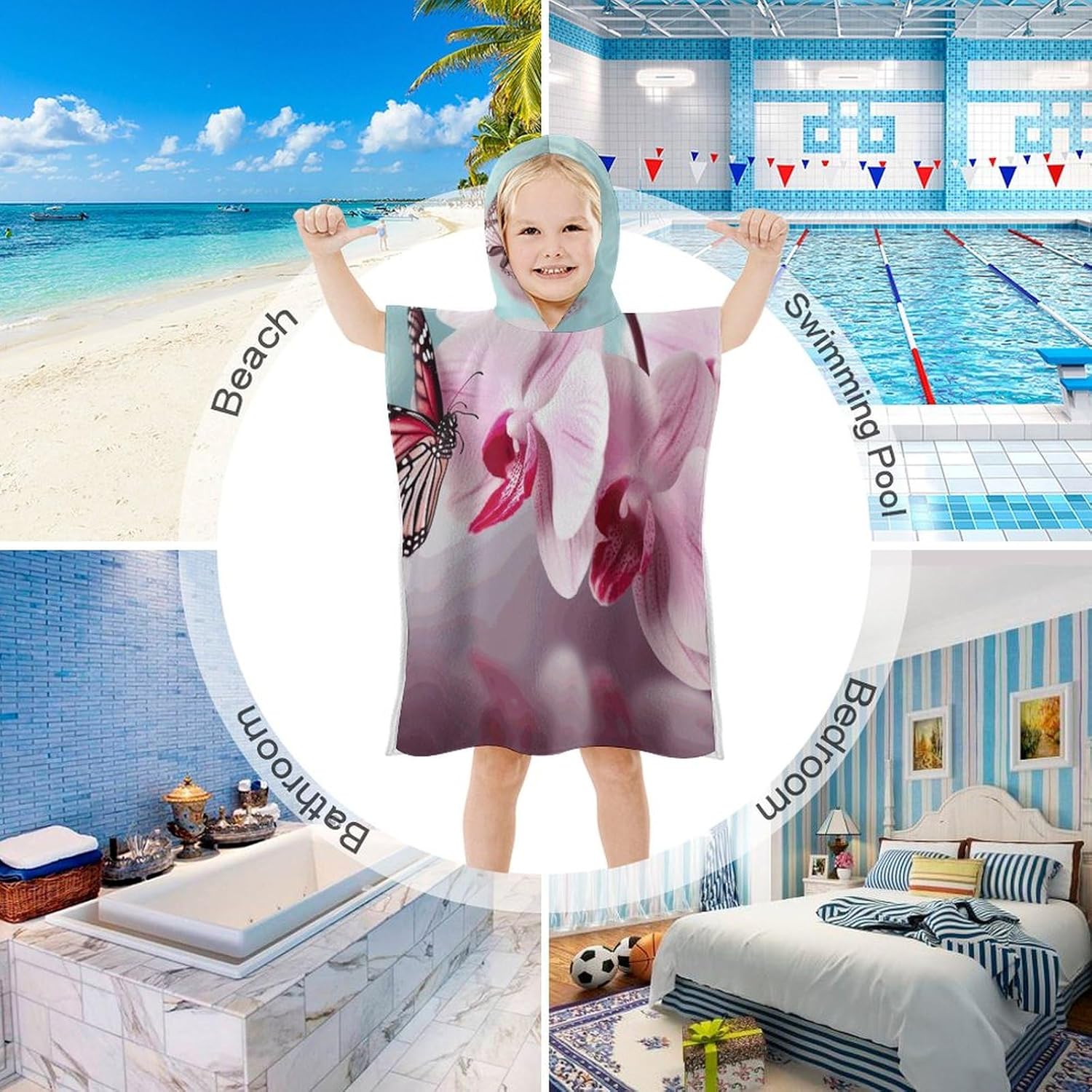 Kids Bath Towel with Hood and Butterfly Print