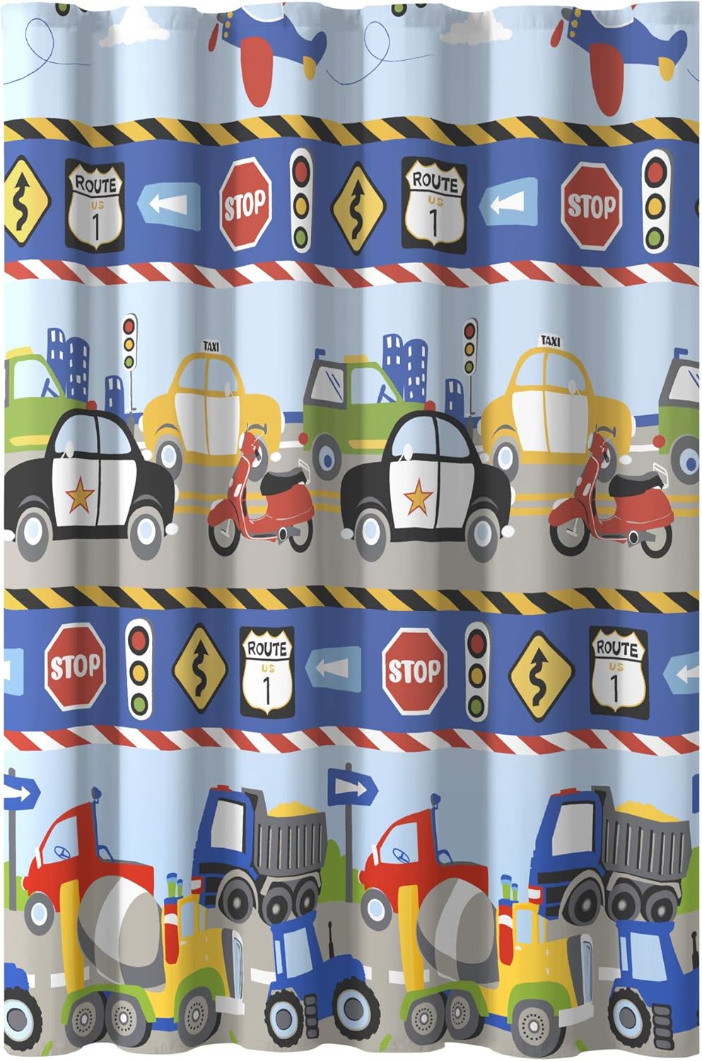 Dream Factory Kids Shower Curtain Blue Red Trains and Trucks 72x72