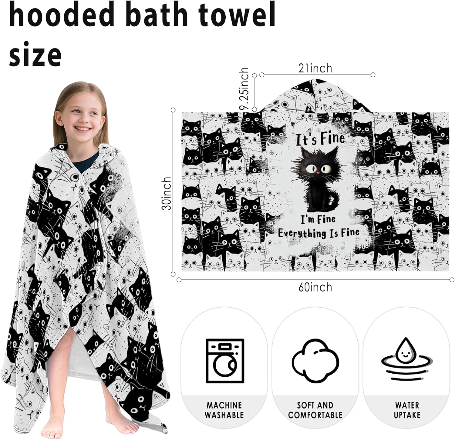 Black Cats Hooded Beach Towel for Kids