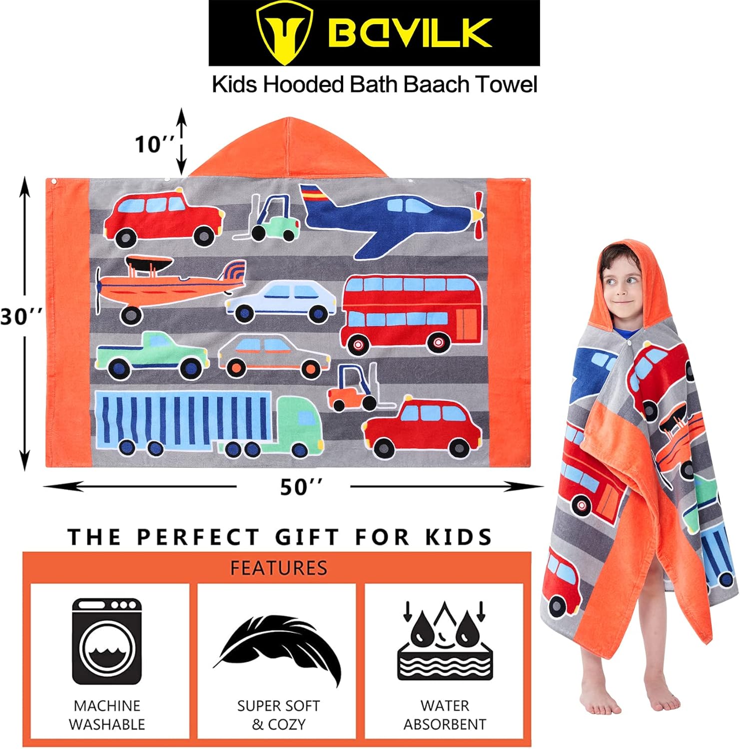 Bavilk Kids Hooded Bath Towel 30x50 Inch Ultra Absorbent