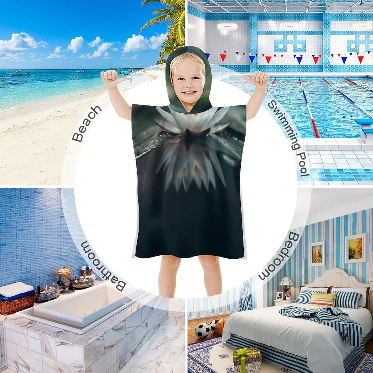 Kids Bath Towel with Hood Flowers on Pond Design