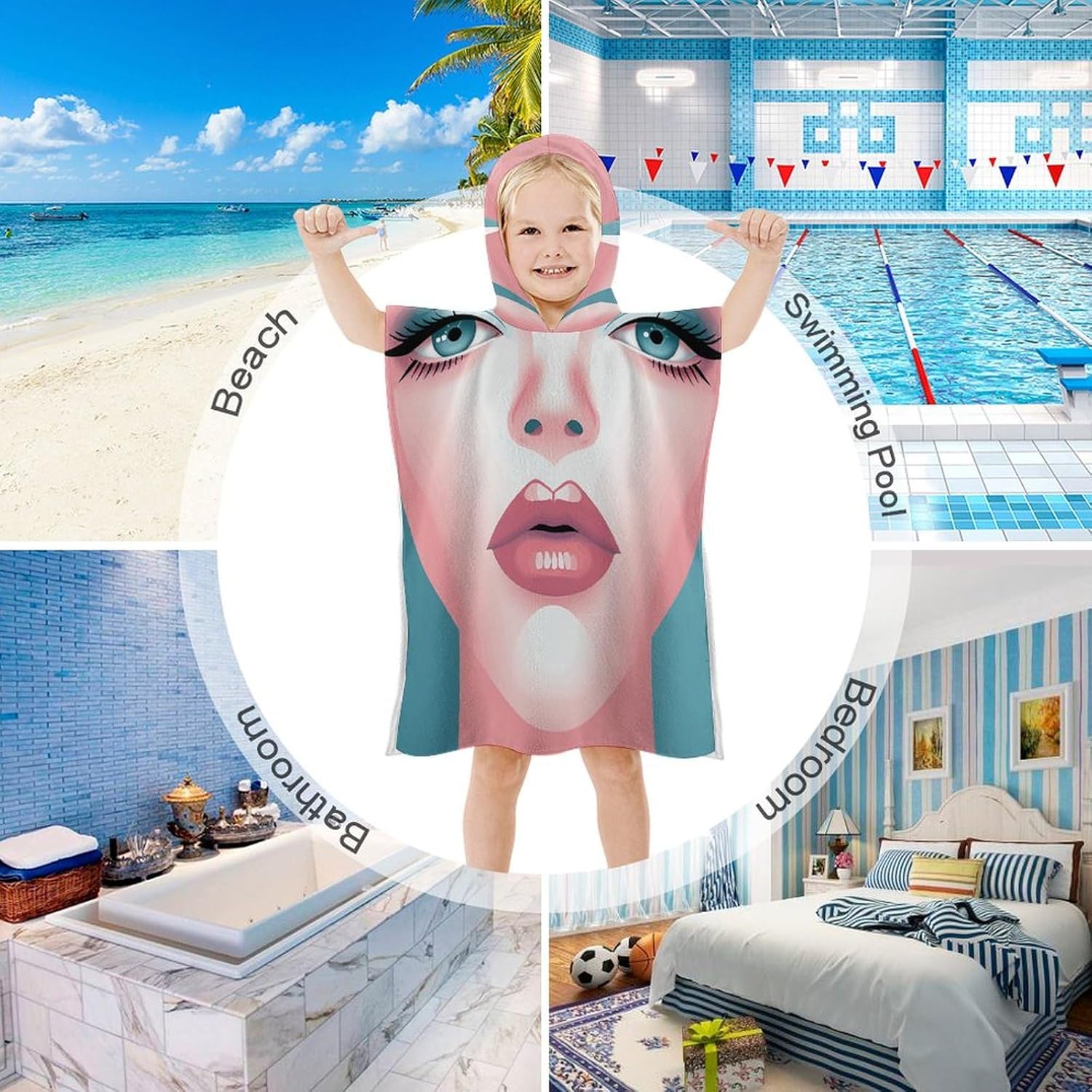Kids Hooded Bath Towel with Face Silhouette Print