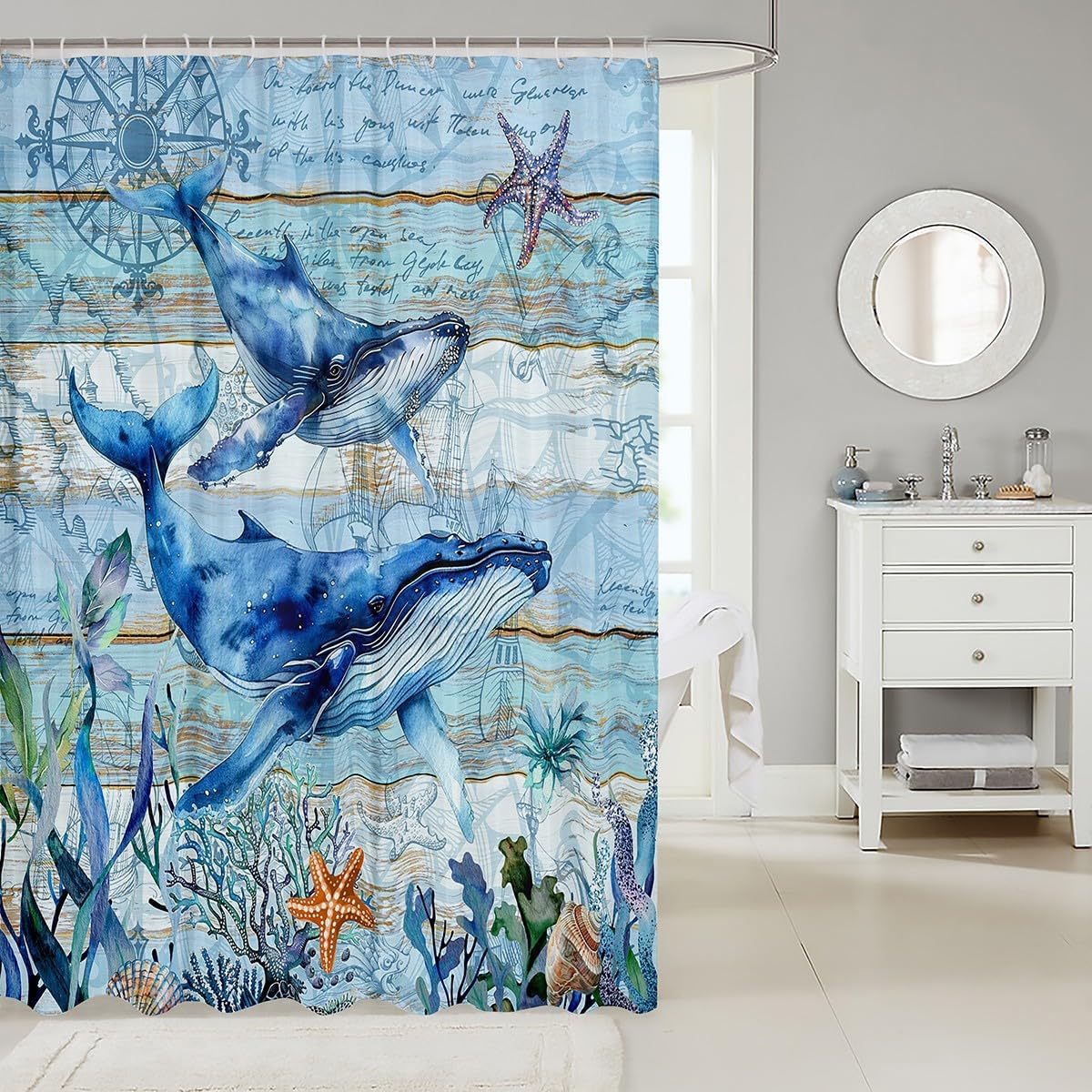 Feelyou Cute Whales Shower Curtain Set 72x78 Kids Ocean Themed