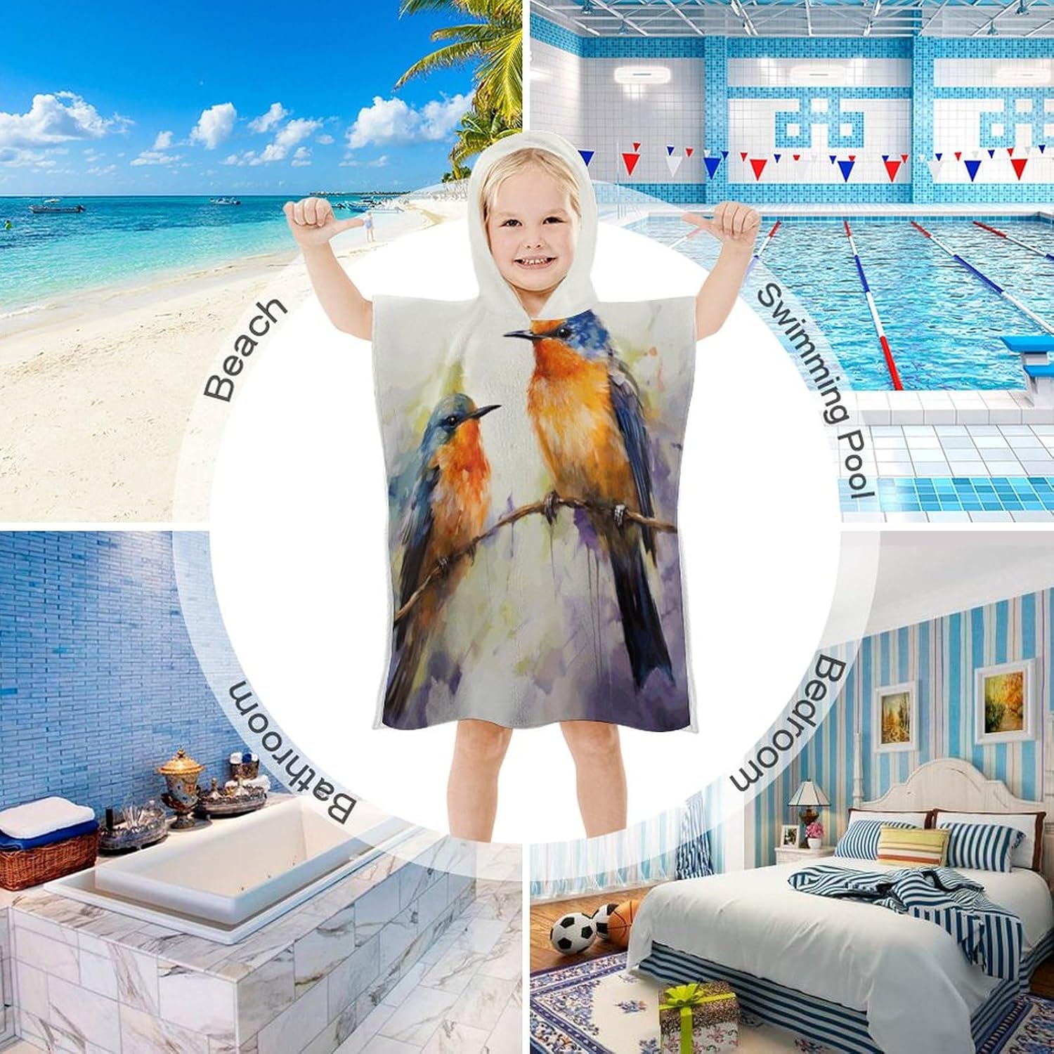 Kids Hooded Bath Towel with Bird Print