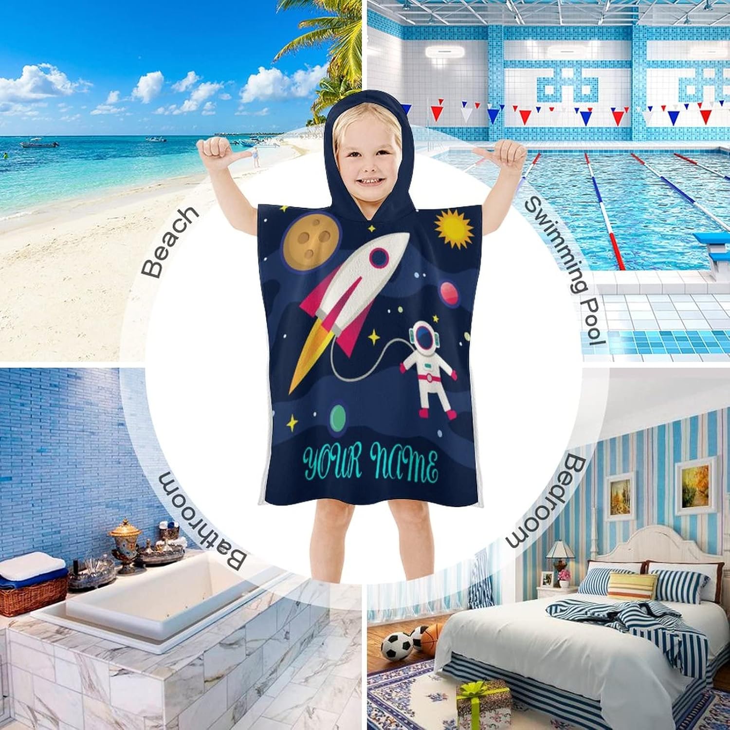 Custom Kids Hooded Bath Towel with Name - Astronaut Rocket Planet Design