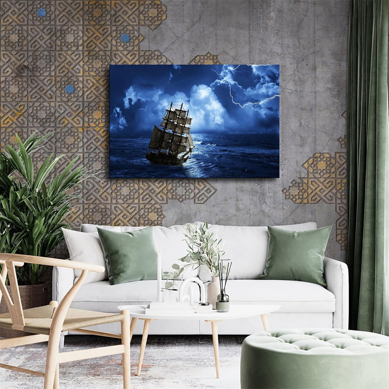 Blue Thunderstorm Pirate Ship Ocean Voyage Canvas Poster Wall Art