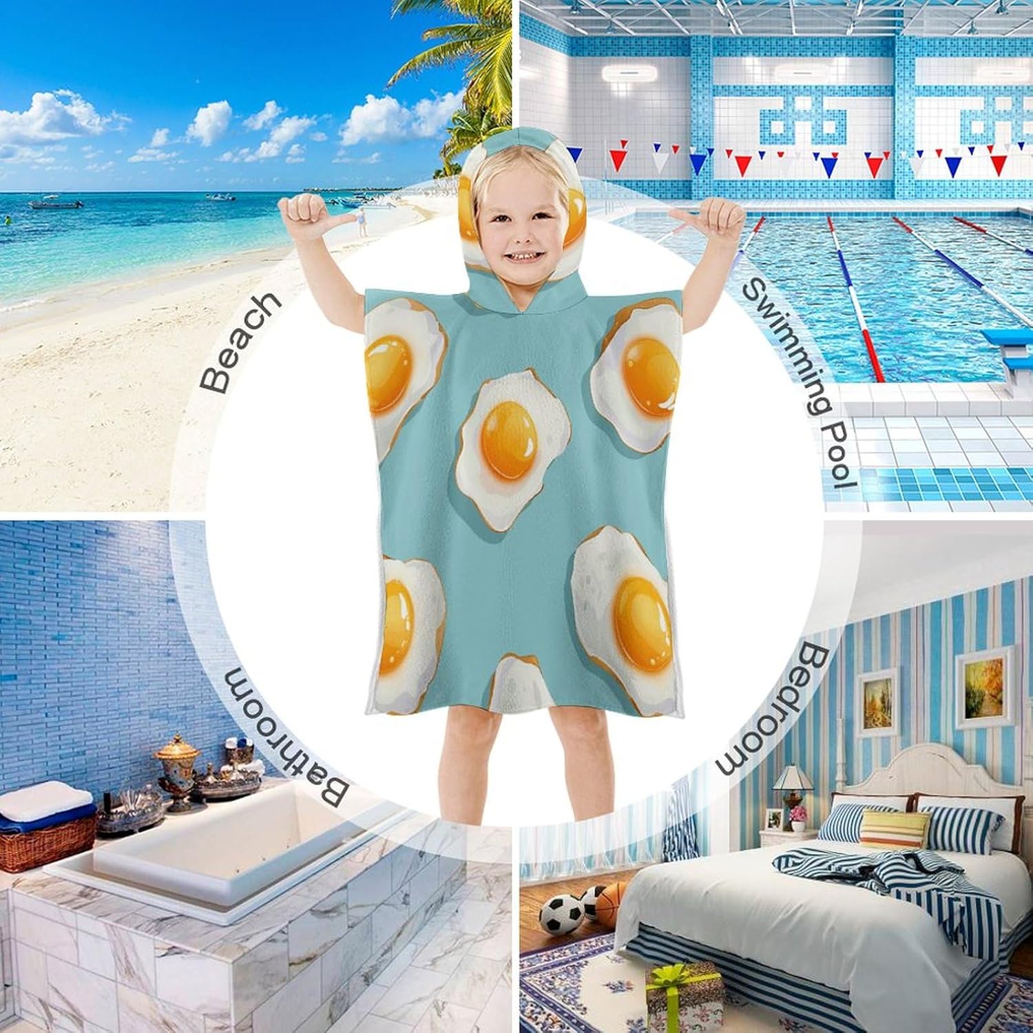 Kids Hooded Beach Towel with Blue Fried Egg Print