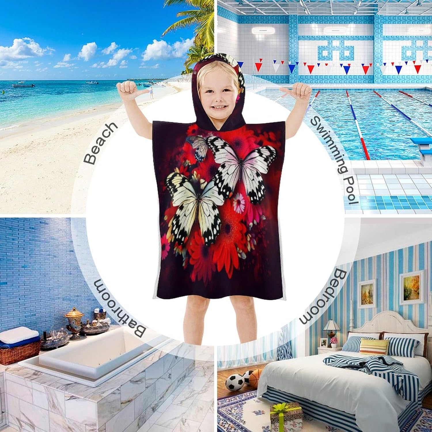 Colorful Kids Hooded Towel with Butterflies