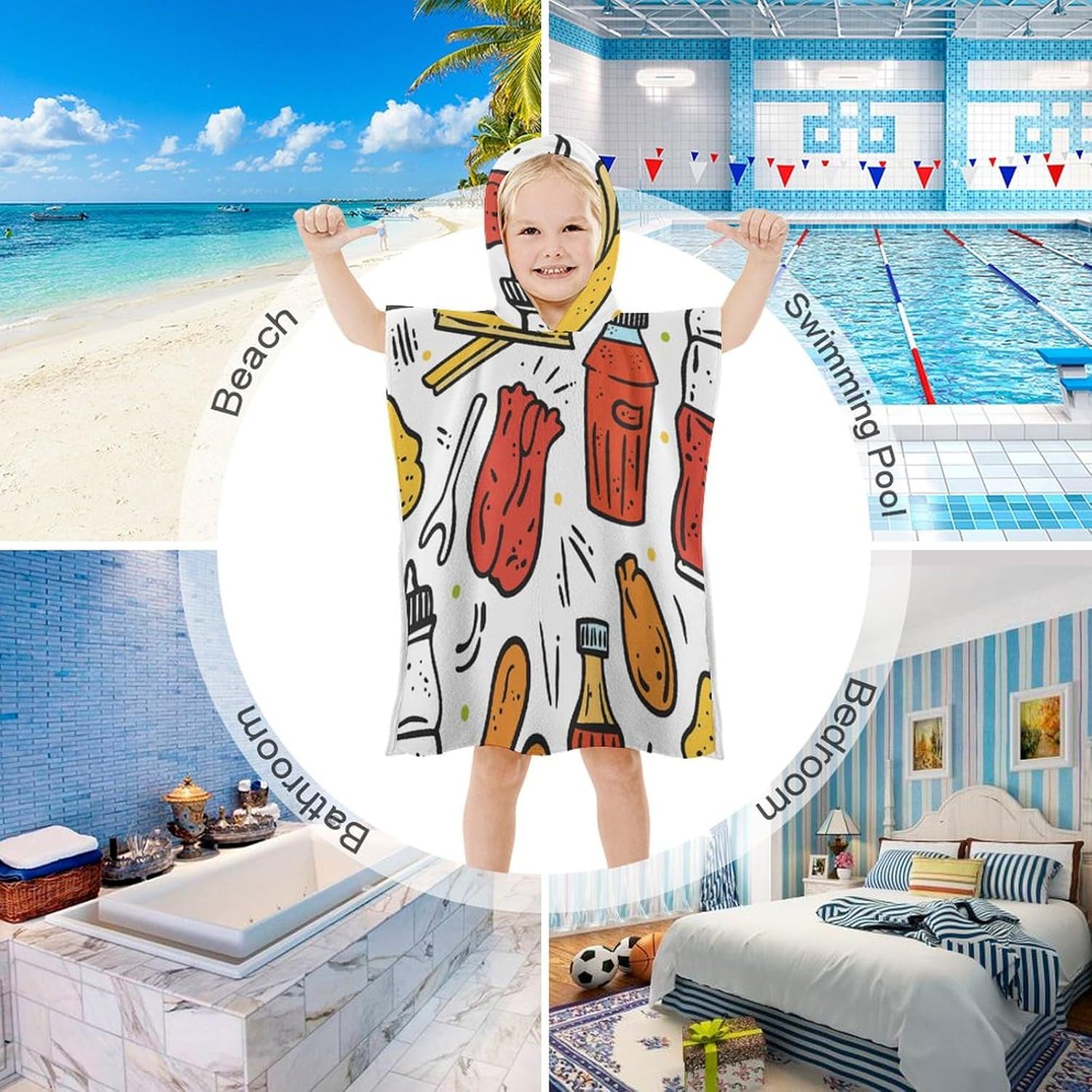 Kids Hooded Bath Towel with Doodle Fast Food Design