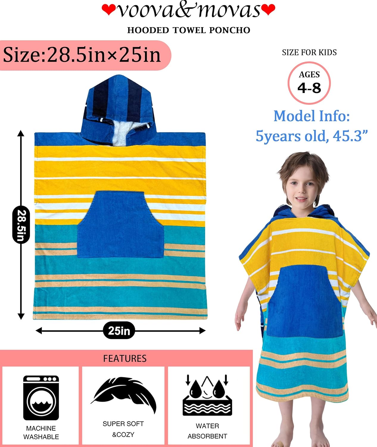 VOOVA MOVAS Surf Poncho Towels with Pockets for Kids 4-8 Years
