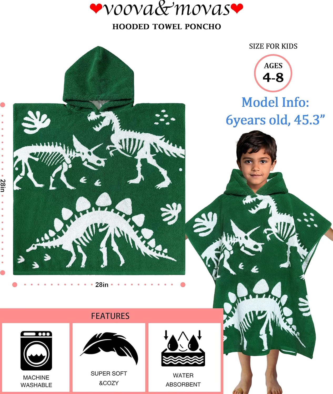 VOOVA MOVAS Dinosaur Hooded Towel for Kids 4-8 Years