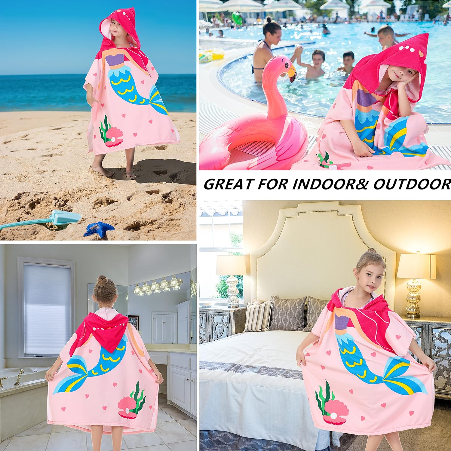 Big Pink Mermaid Kids Bath Towel for 3-10 Year Old Girls