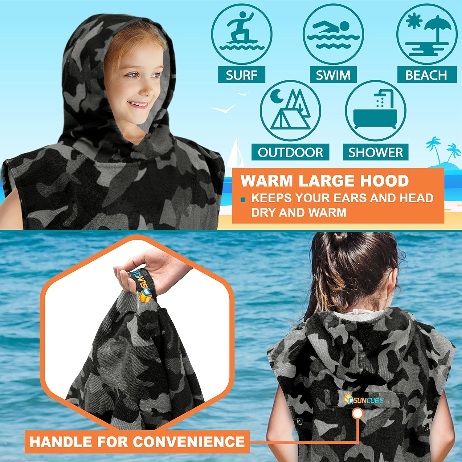 SUN CUBE Kids Hooded Swim Poncho Robe for Beach and Pool Use